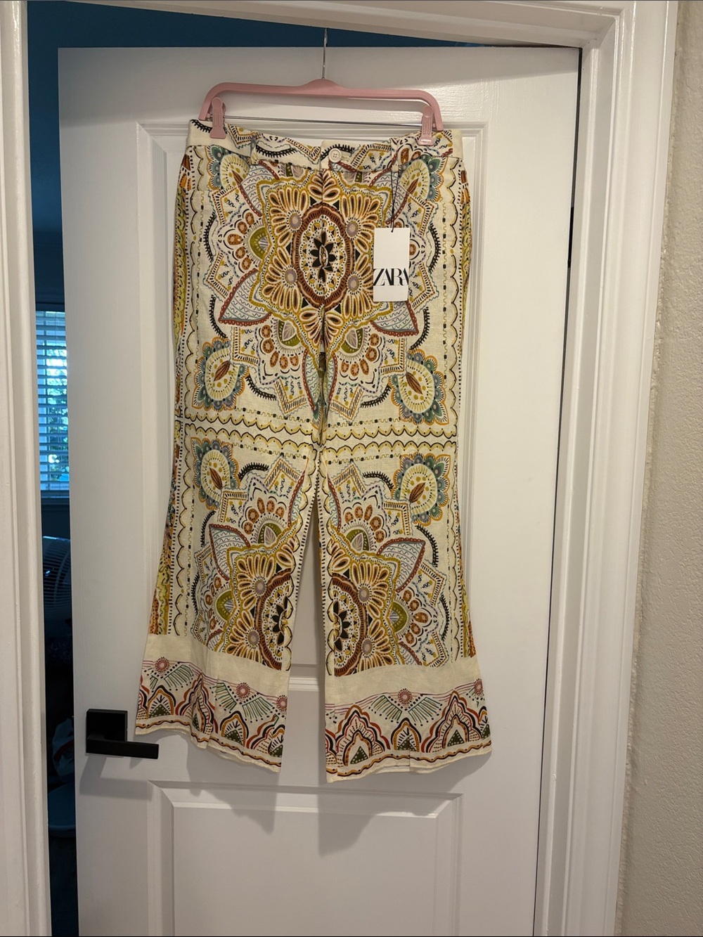 Zara Cream Pants with Multicolor Bohemian Medallion Print